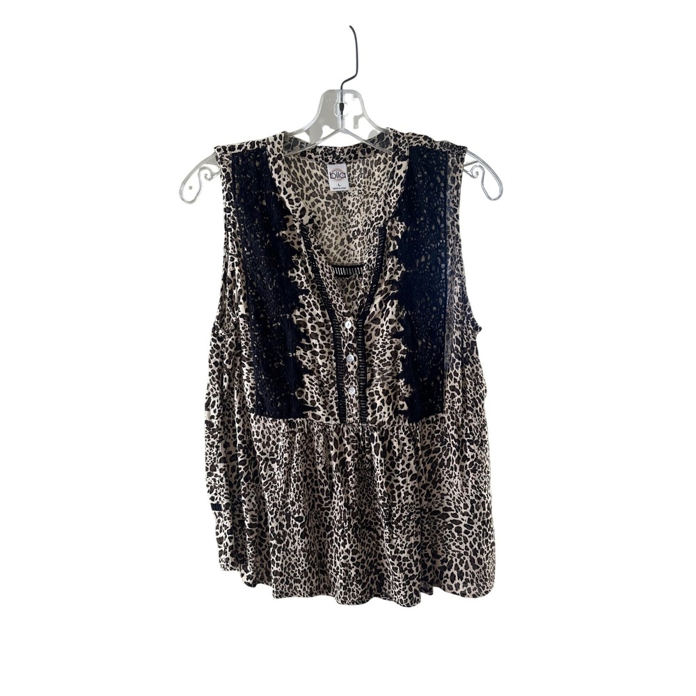 Bila Womens Leopard Print Crochet Lace Babydoll Sleeveless Top Blouse Brown L